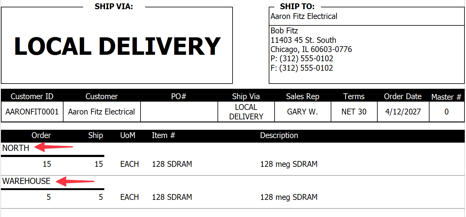 Printed Pick Ticket Displaying Sales Lines Grouped by Warehouse
