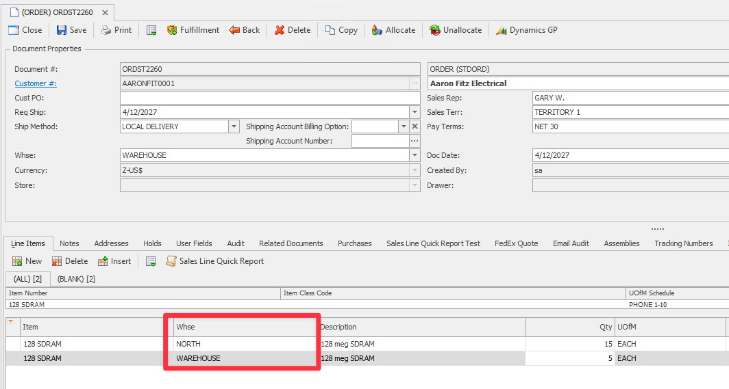 Sales Line Items from Different Warehouses